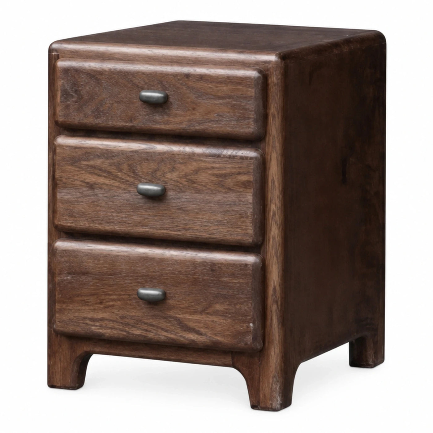 Dark Wood Three Drawer Nightstand with Metal Knobs