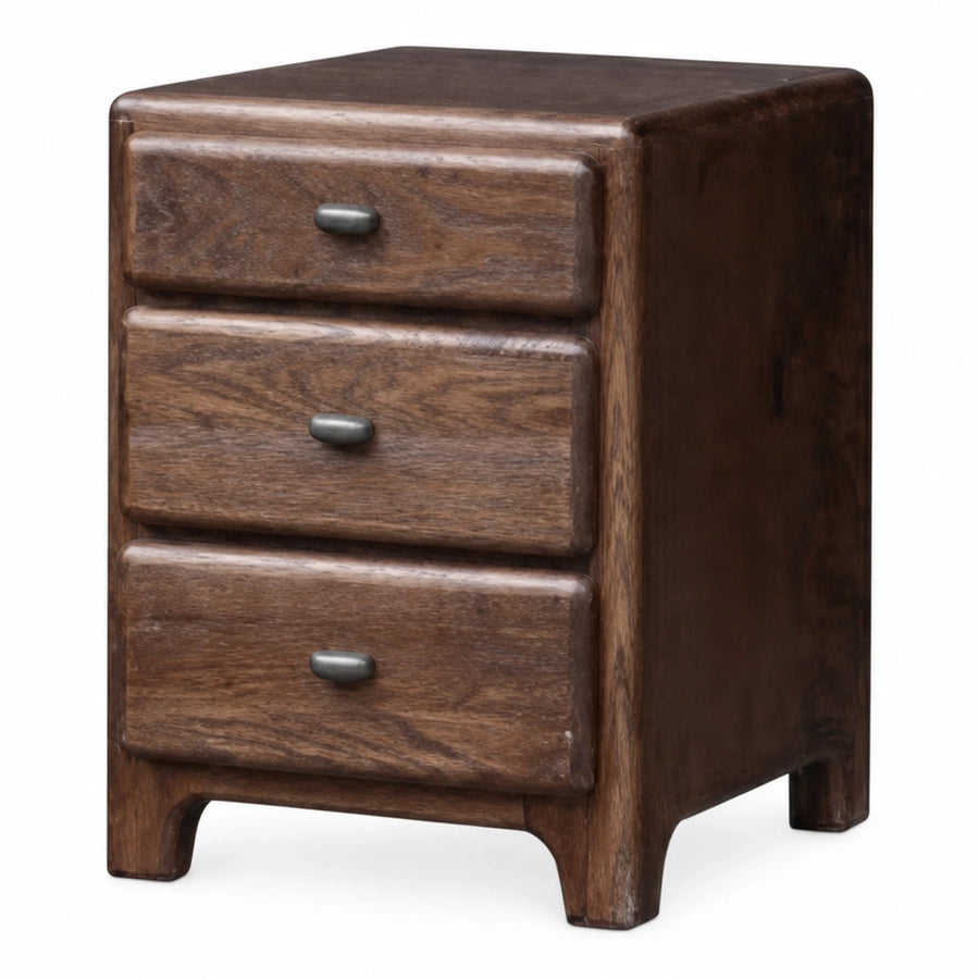 Dark Wood Three Drawer Nightstand with Metal Knobs
