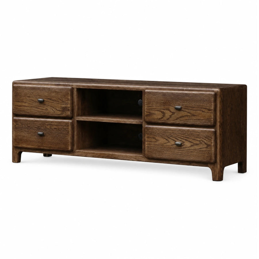 Walnut Wood TV Stand with Drawers and Open Shelves