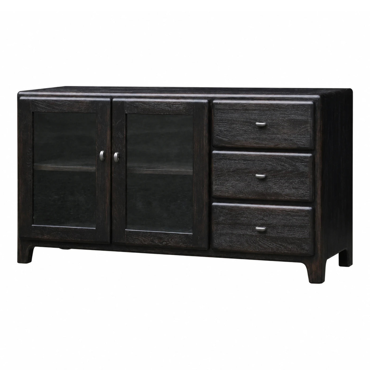 Dark Wood Sideboard with Glass Doors and Drawers