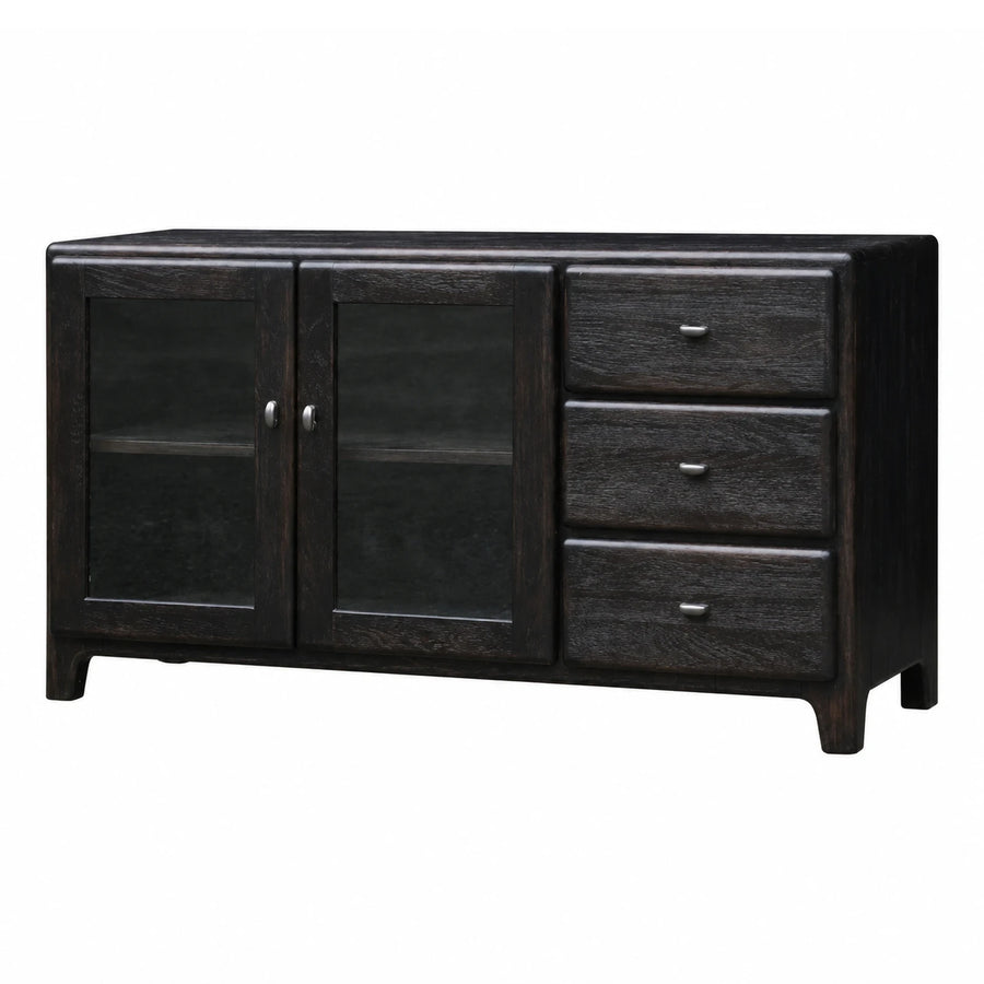 Dark Wood Sideboard with Glass Doors and Drawers