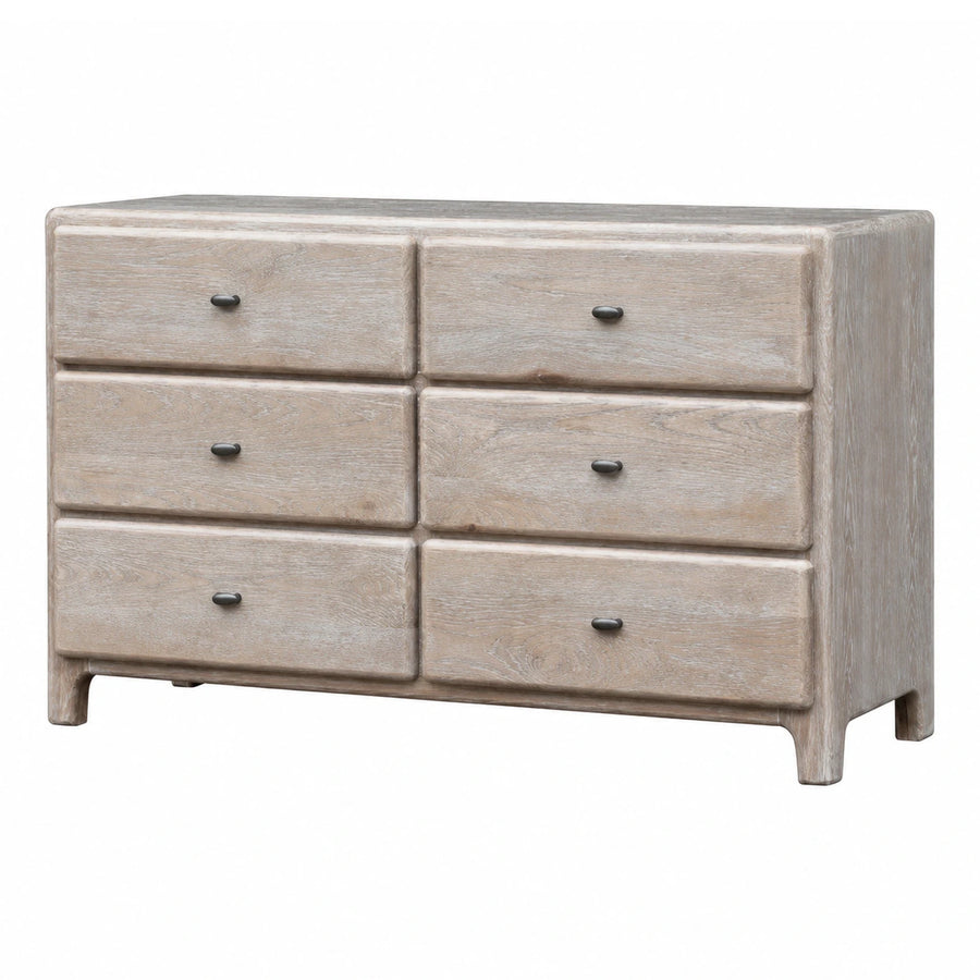 Light Wood Six-Drawer Dresser with Metal Knobs
