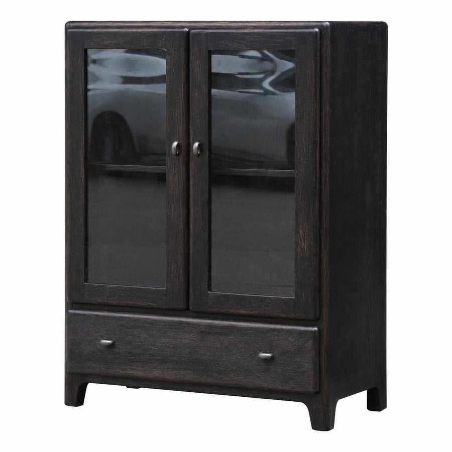 Dark Wood Two-Door Glass Display Cabinet with Drawer