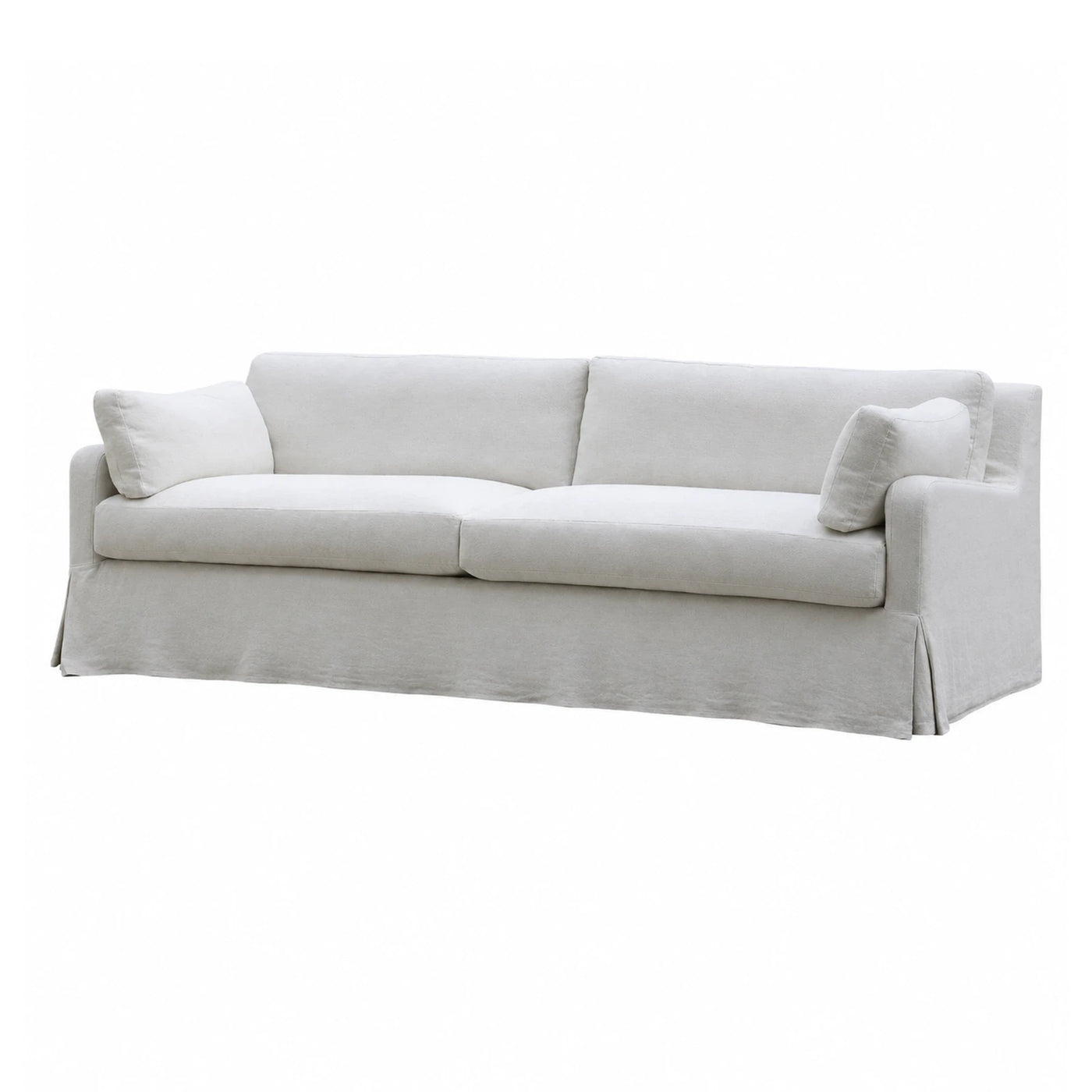 White Fabric Sofa with Skirted Base and Throw Pillows