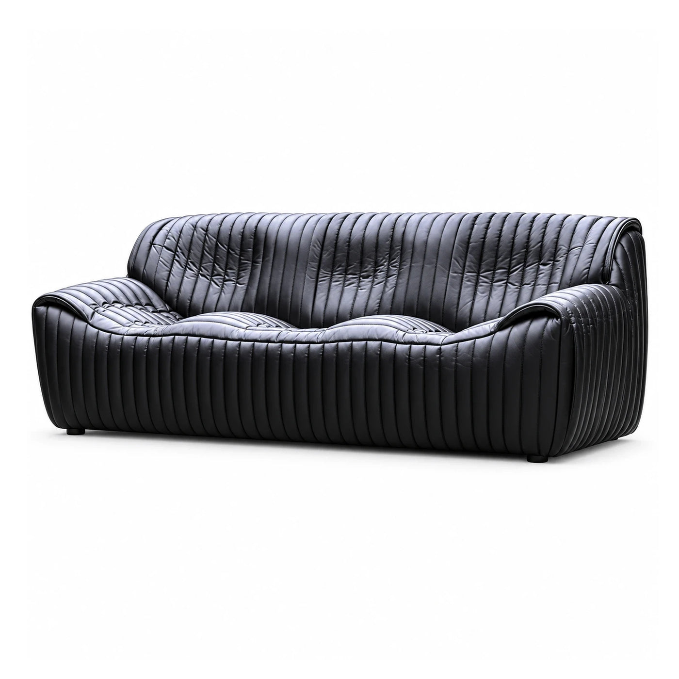 Black Ribbed Leather Sofa with Curved Design