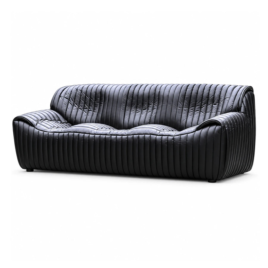 Black Ribbed Leather Sofa with Curved Design