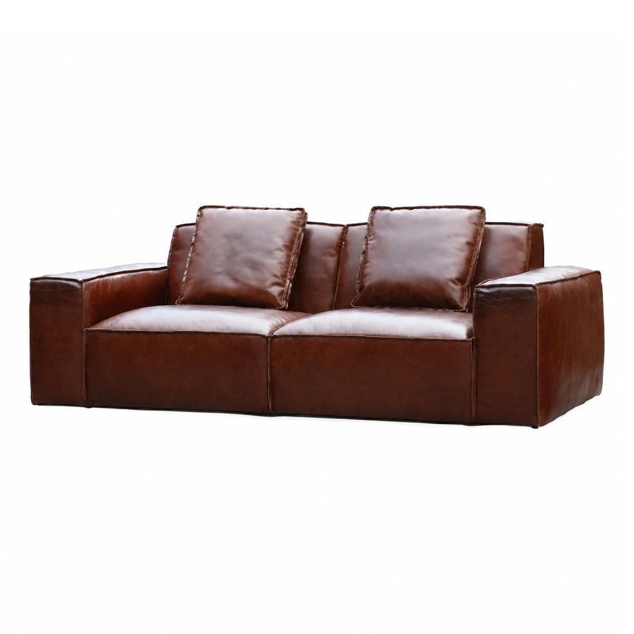 Brown Leather Two-Seater Sofa with Cushions