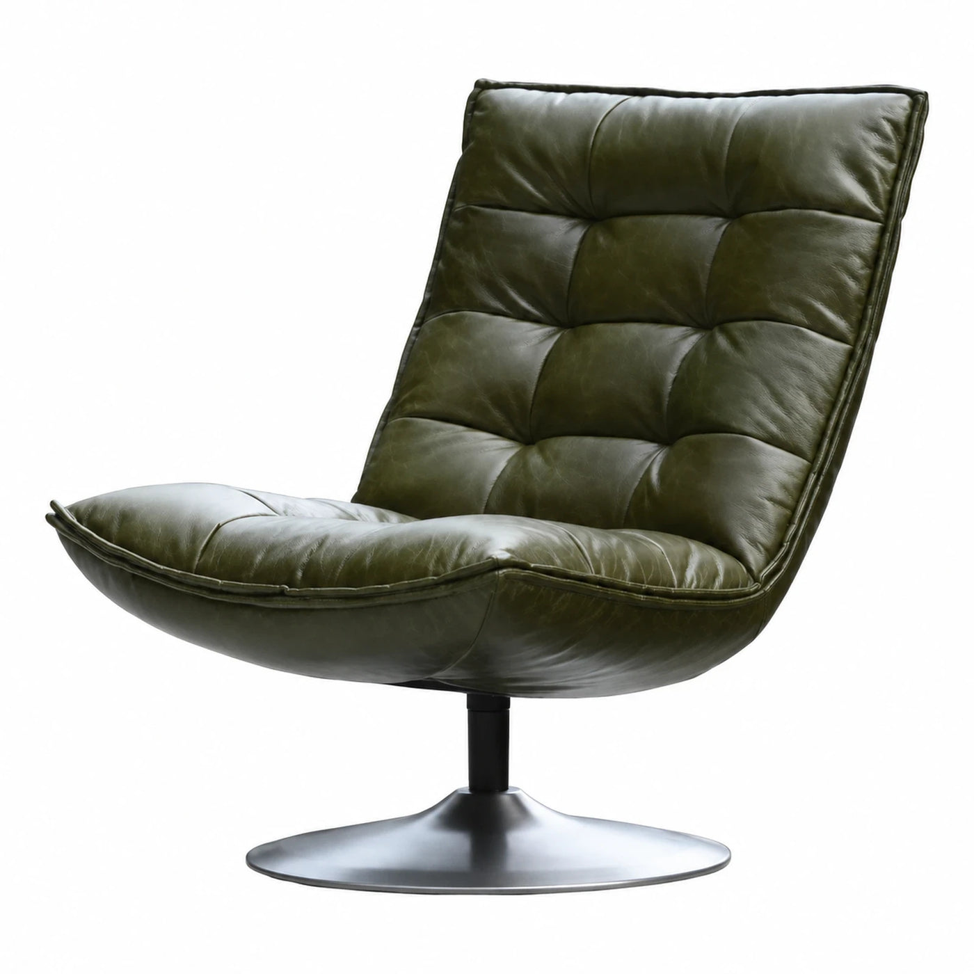 Green Leather Swivel Lounge Chair with Tufted Back