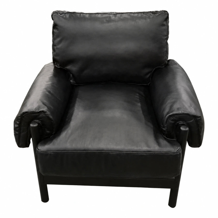 Black Leather Armchair with Wooden Frame