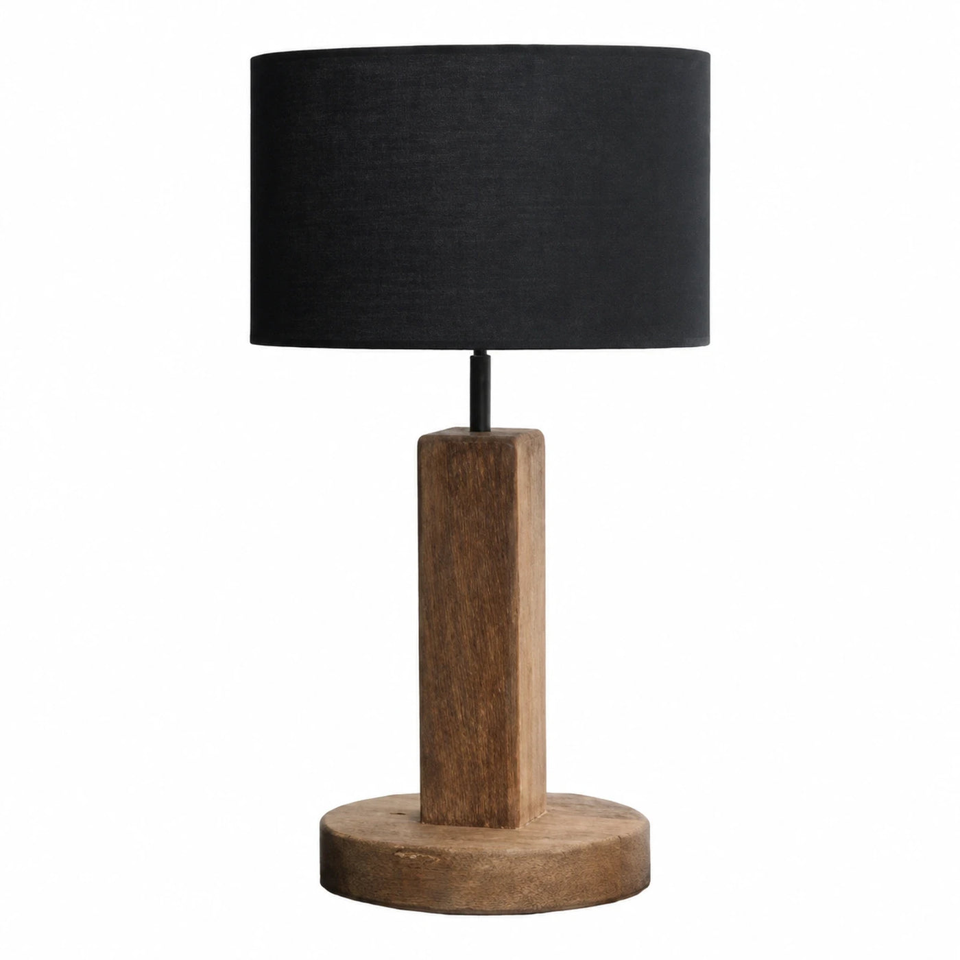 Round Wood Table Lamp with Black Shade