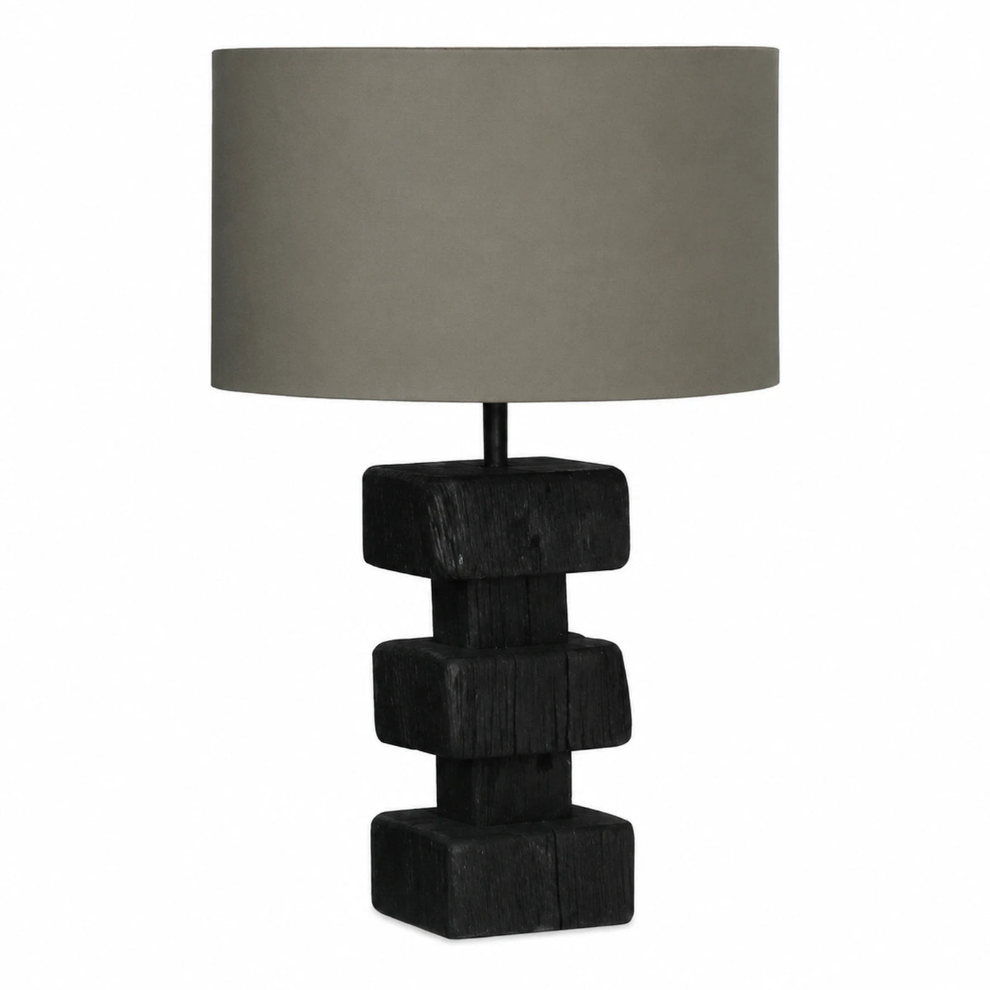 Black Stacked Wood Block Table Lamp with Grey Shade