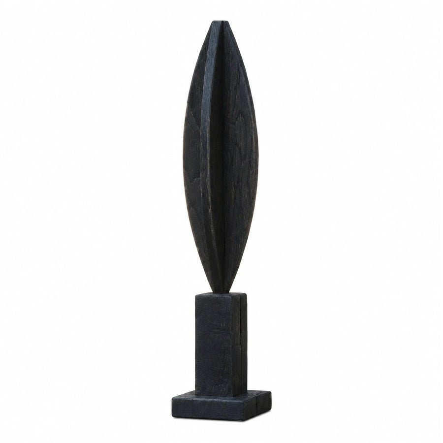 Black Wooden Abstract Sculpture on Pedestal