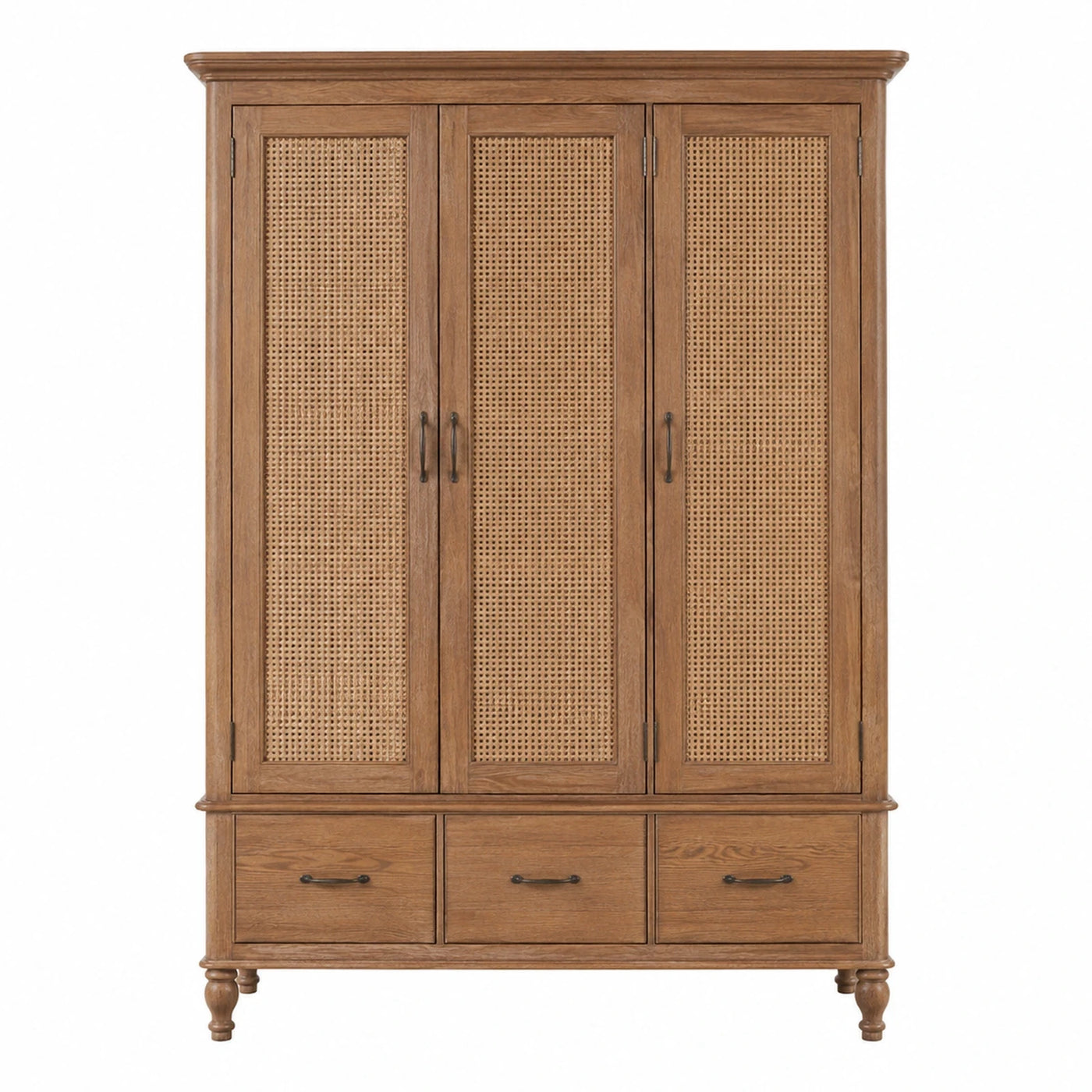Three-Door Rattan Wood Wardrobe with Drawers