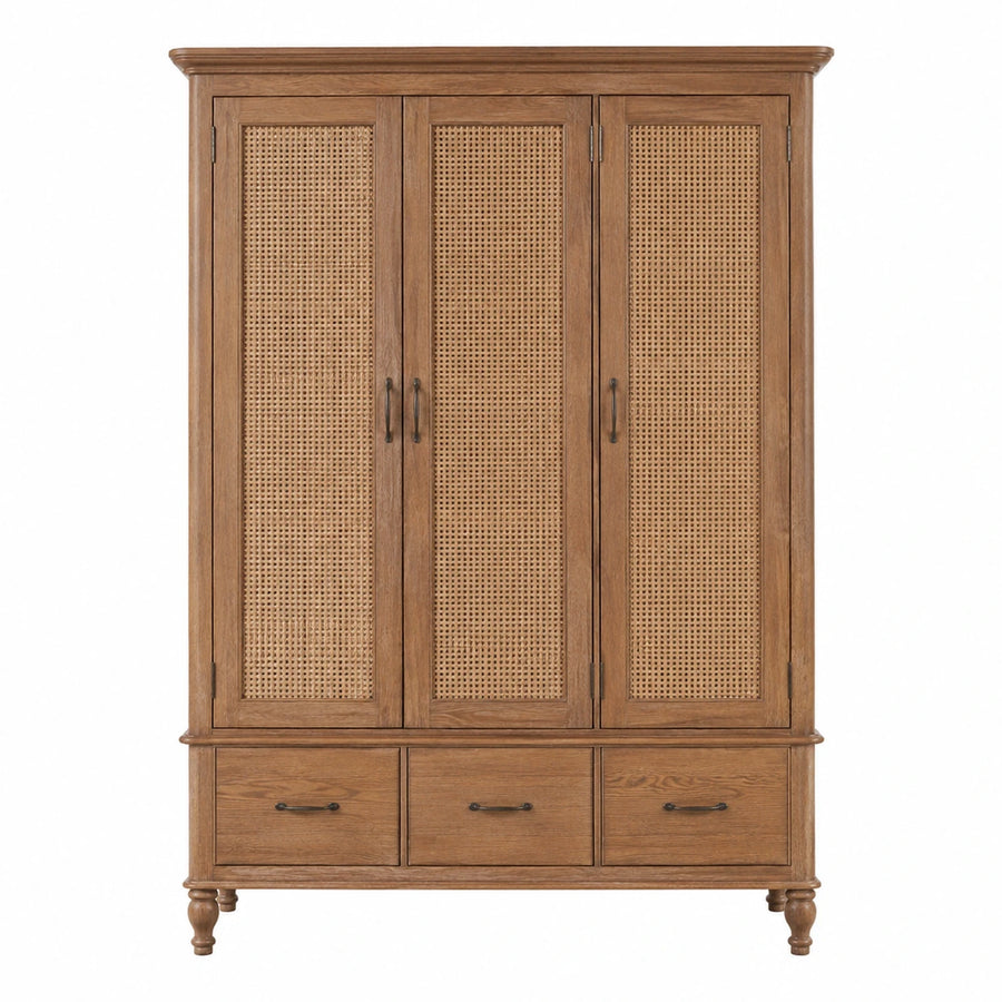 Three-Door Rattan Wood Wardrobe with Drawers
