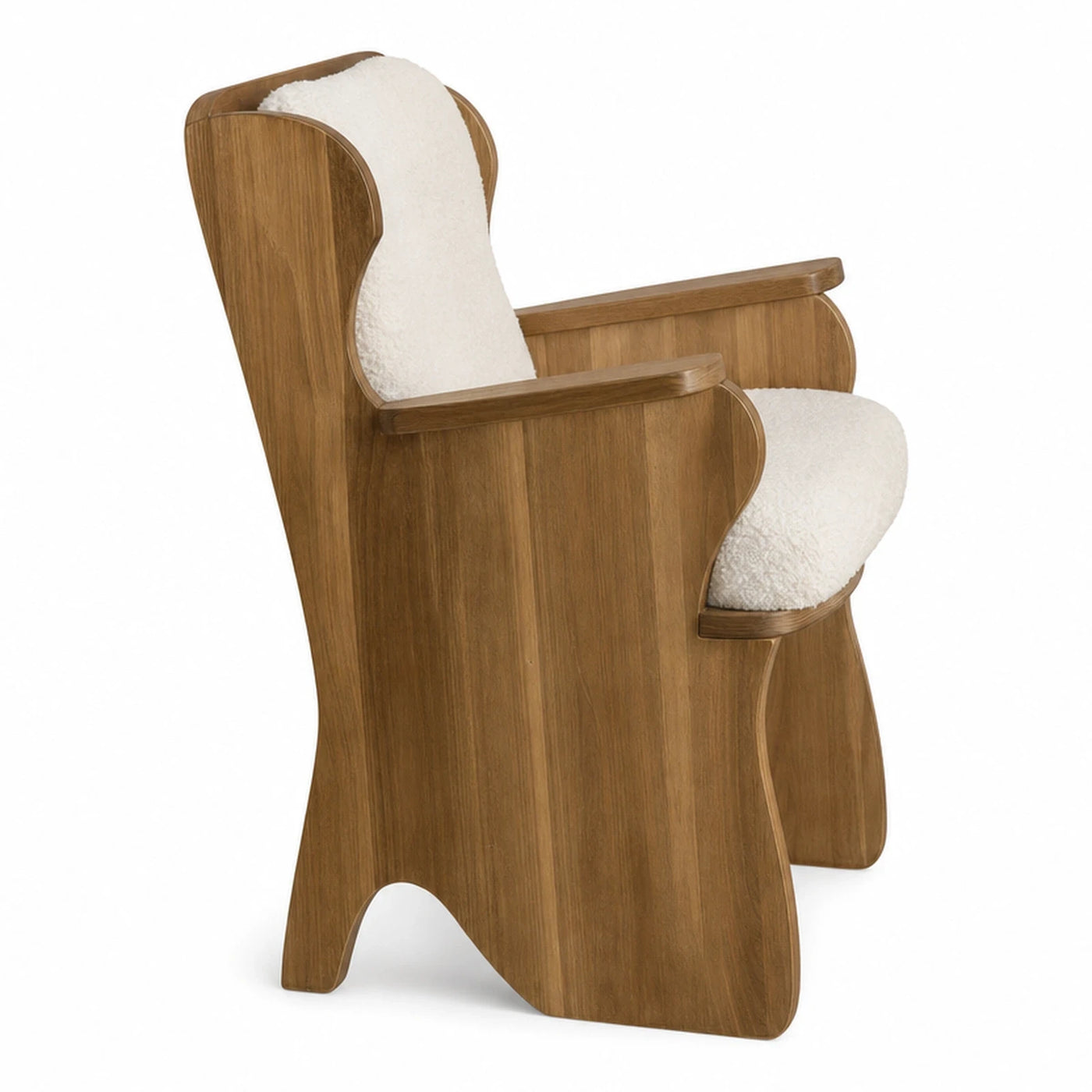Sculptural Wooden Armchair with White Boucle