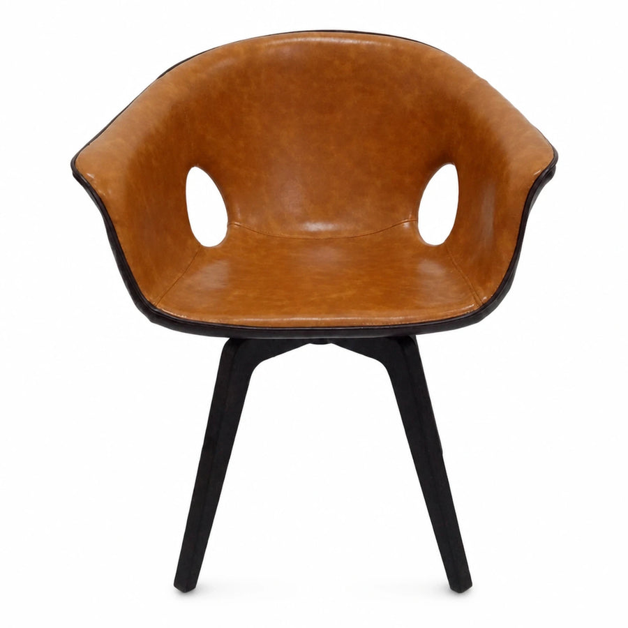 Brown Leather Armchair with Cutout Backrest and Black Wooden Legs