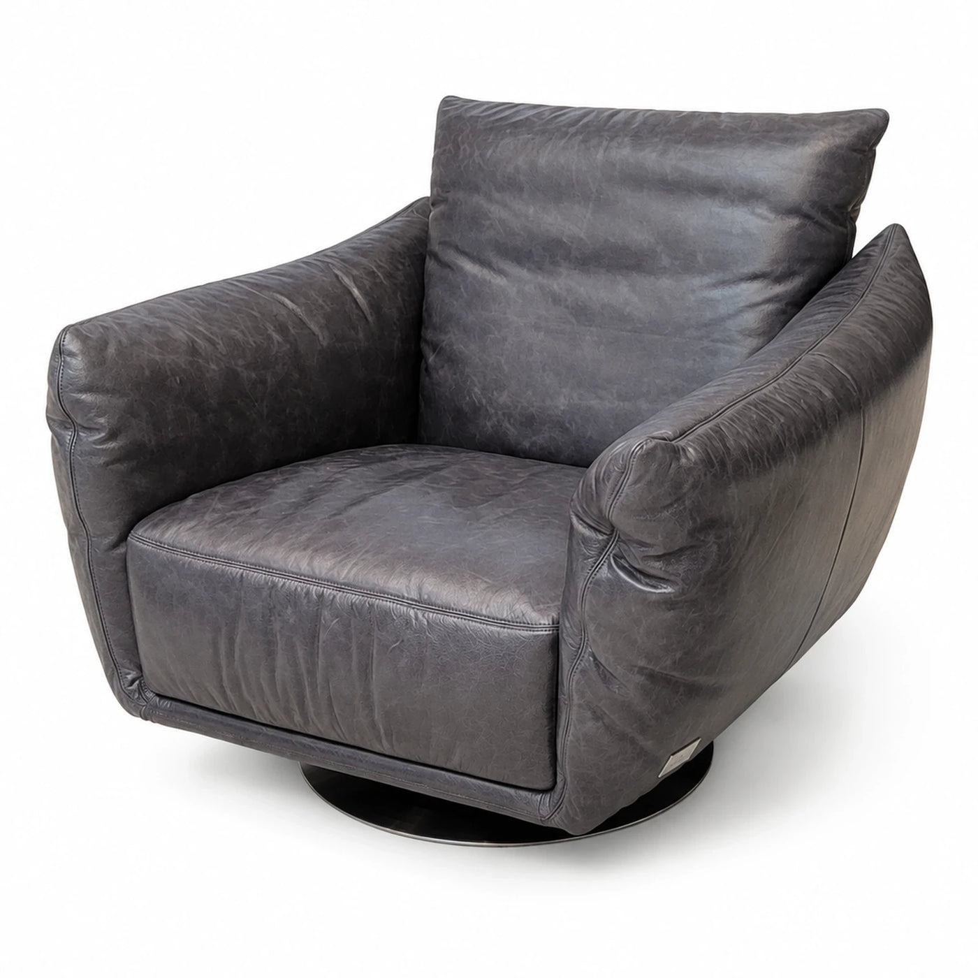 Grey Leather Swivel Armchair with Cushion