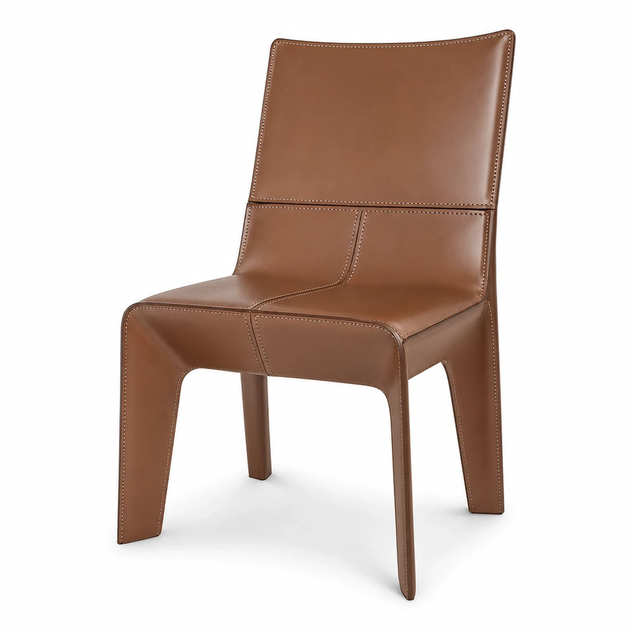 Brown Leather Dining Chair with Contrast Stitching