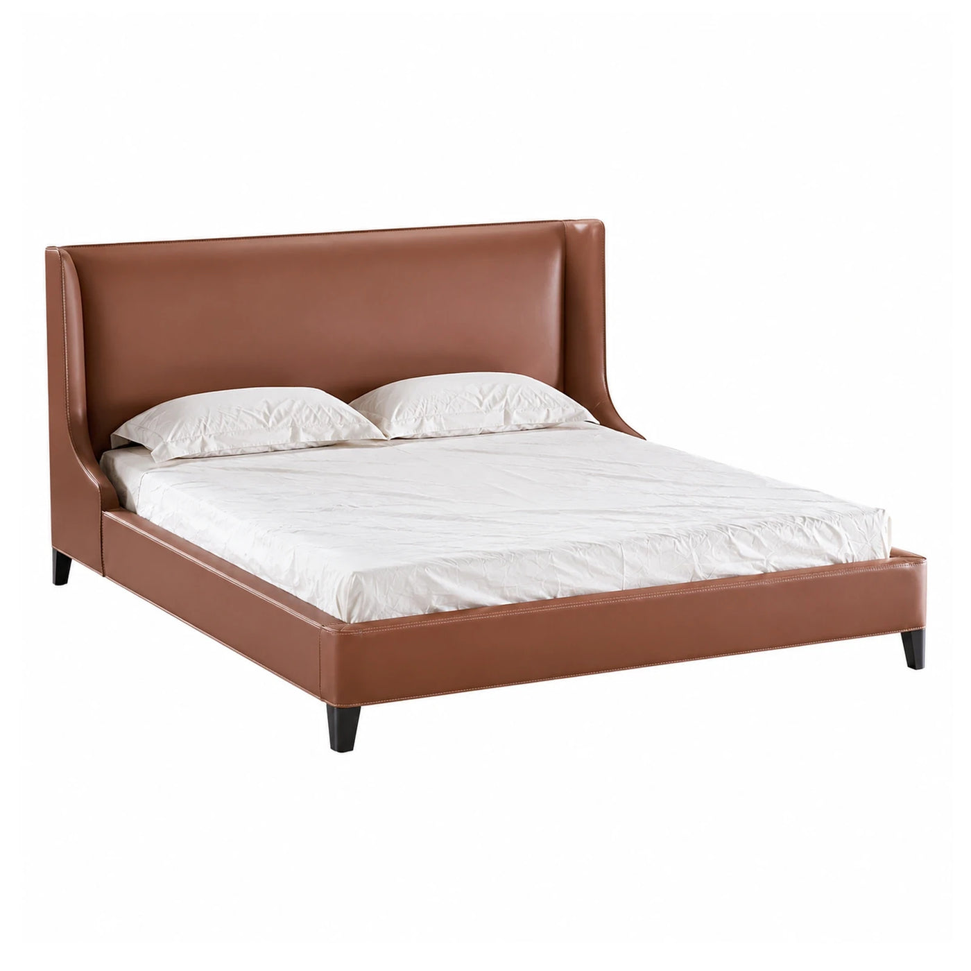 Brown Leather Upholstered Platform Bed with Wingback Headboard