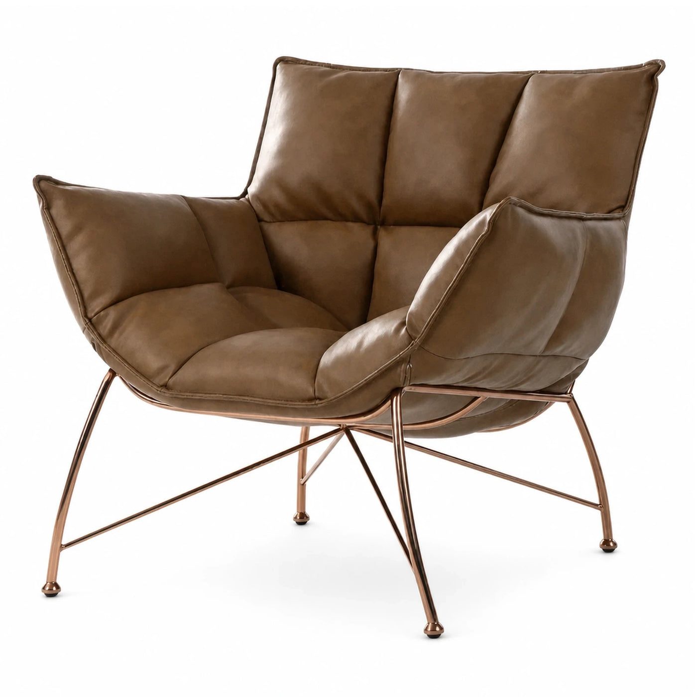 Brown Leather Lounge Chair with Copper Metal Base