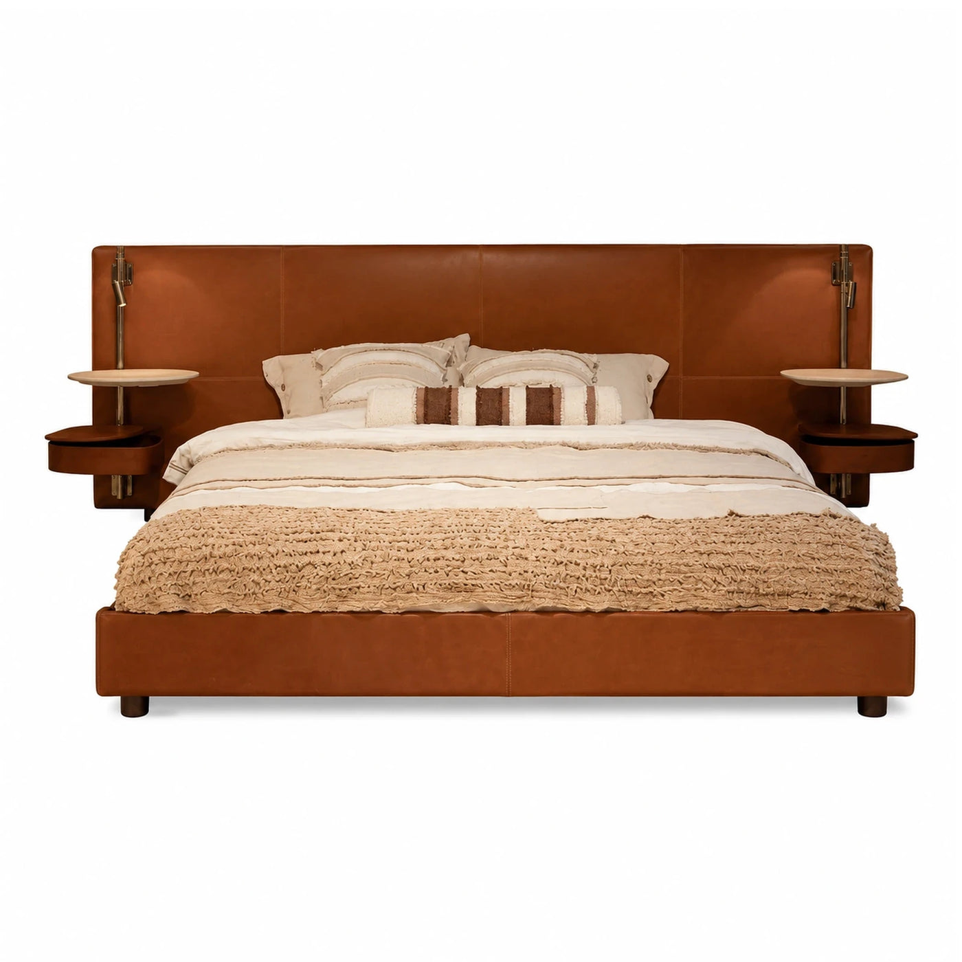 Brown Leather Platform Bed with Integrated Nightstands