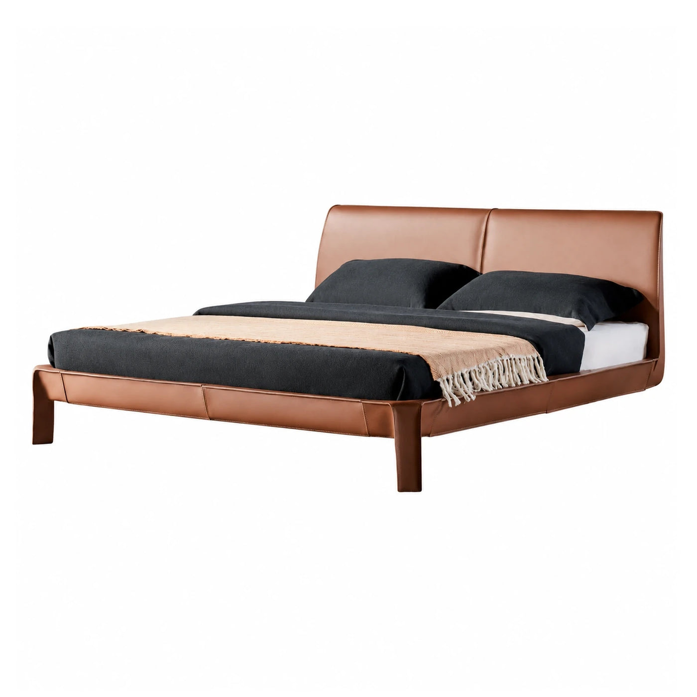 Brown Leather Platform Bed with Low Profile Headboard