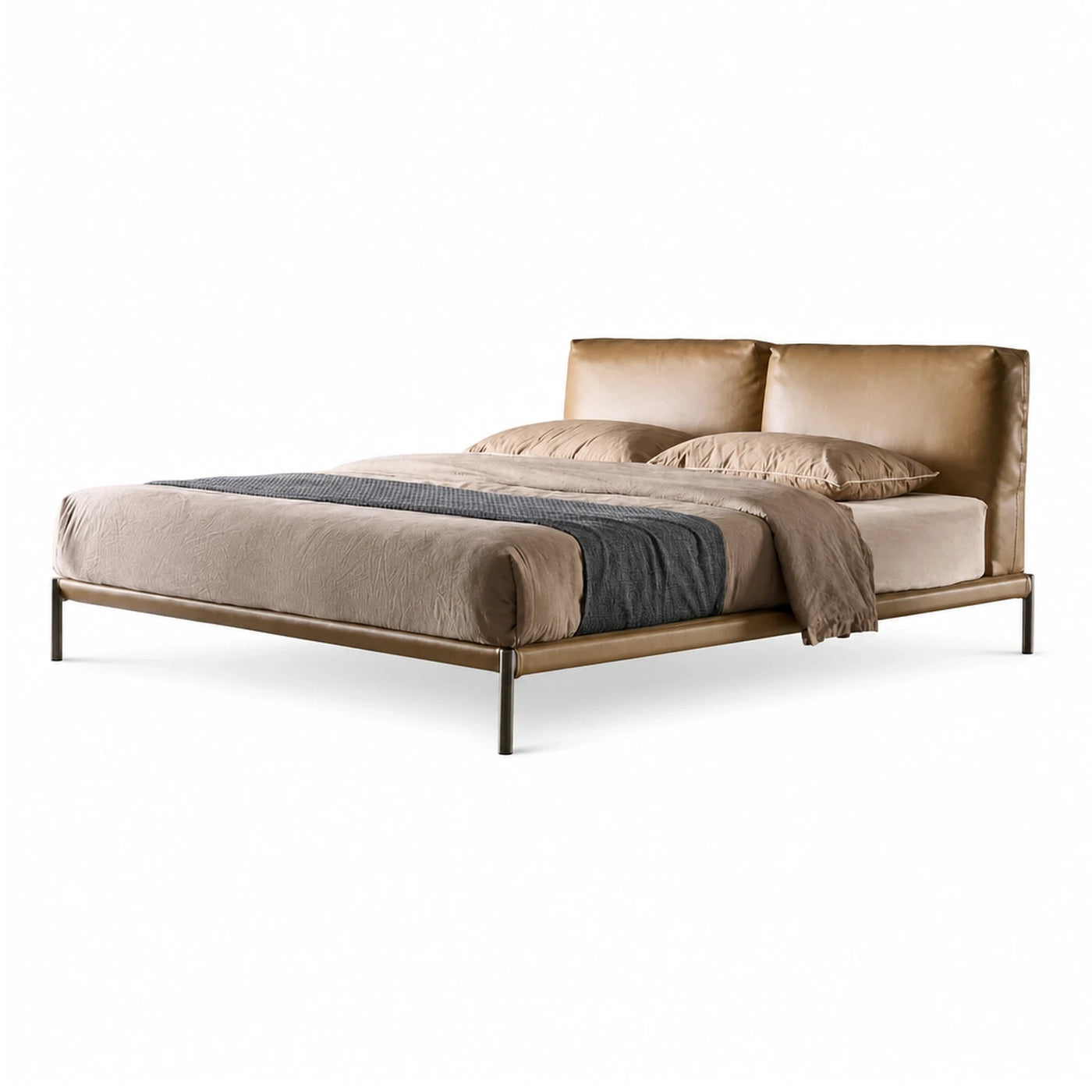 Modern Tan Leather Platform Bed with Metal Legs