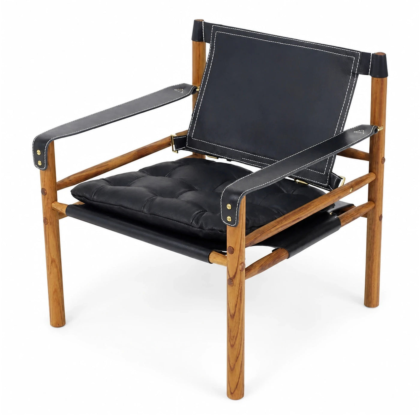 Black Leather Sling Lounge Chair with Wood Frame