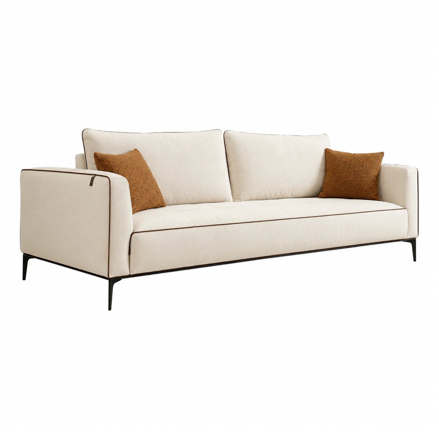 Cream Fabric Sofa with Brown Piping and Metal Legs
