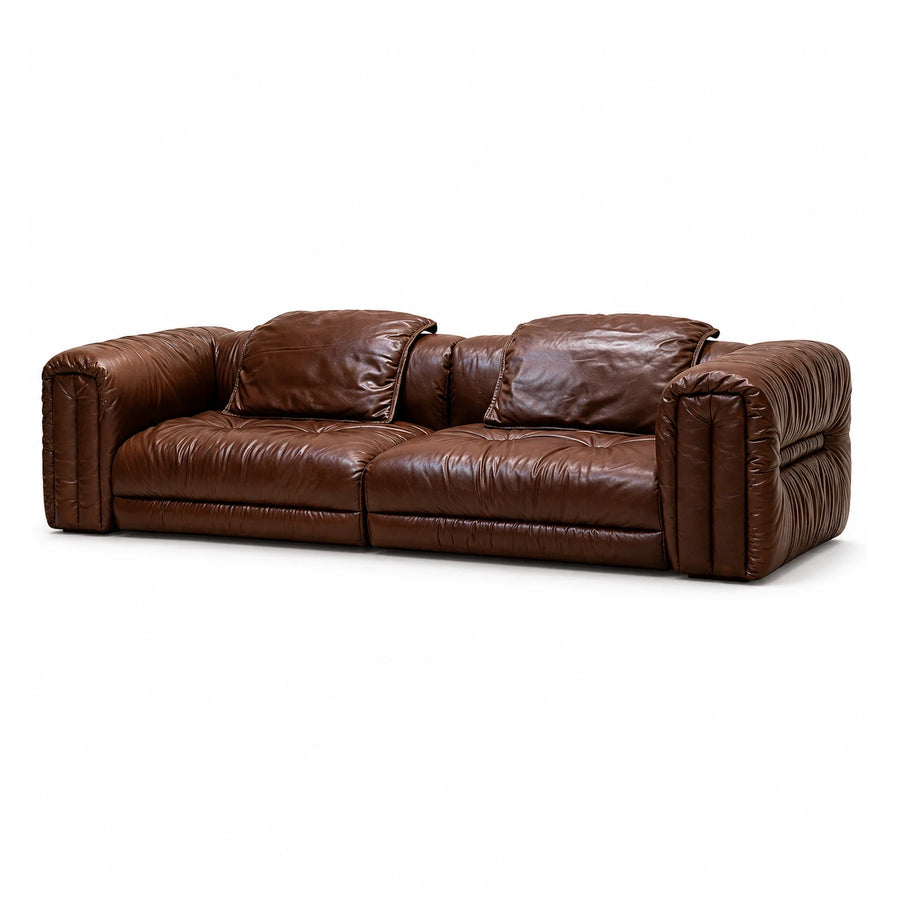 Brown Leather Modular Sofa with Tufted Cushions