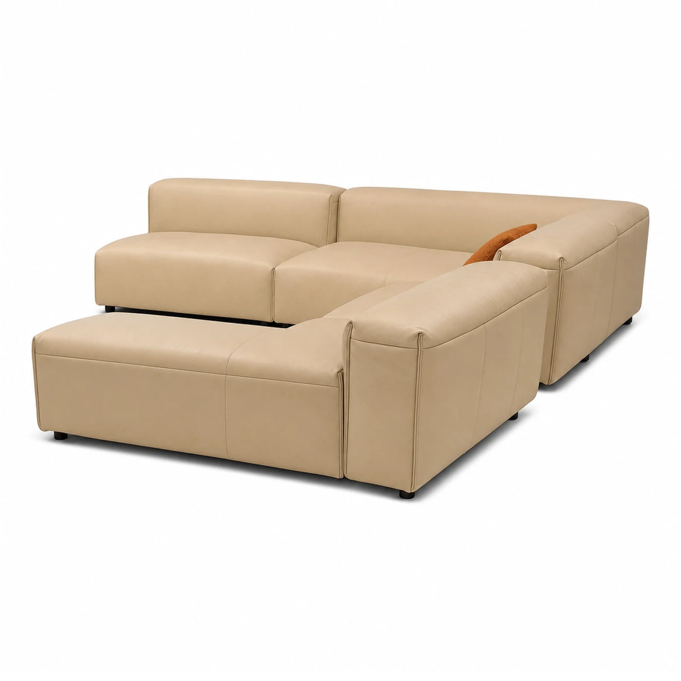 Leather Wide Plank Beige Modular Sectional Sofa with Ottoman Sectionals