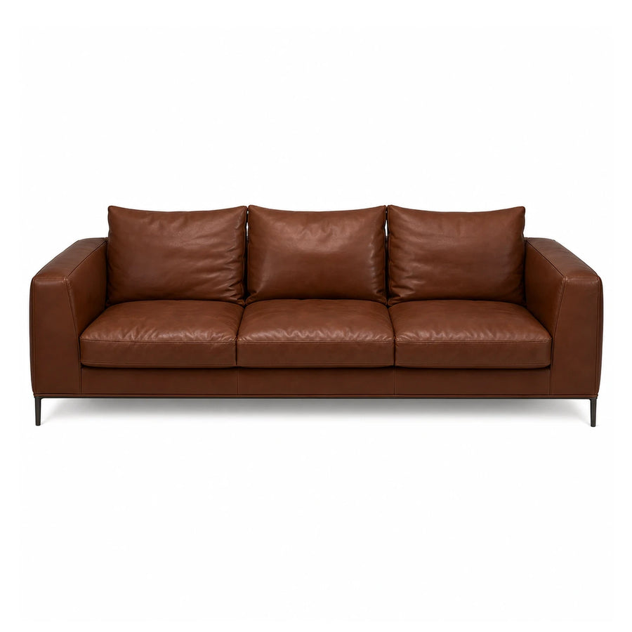 Linear Brown Leather Three-Seater Sofa with Metal Legs Sofas
