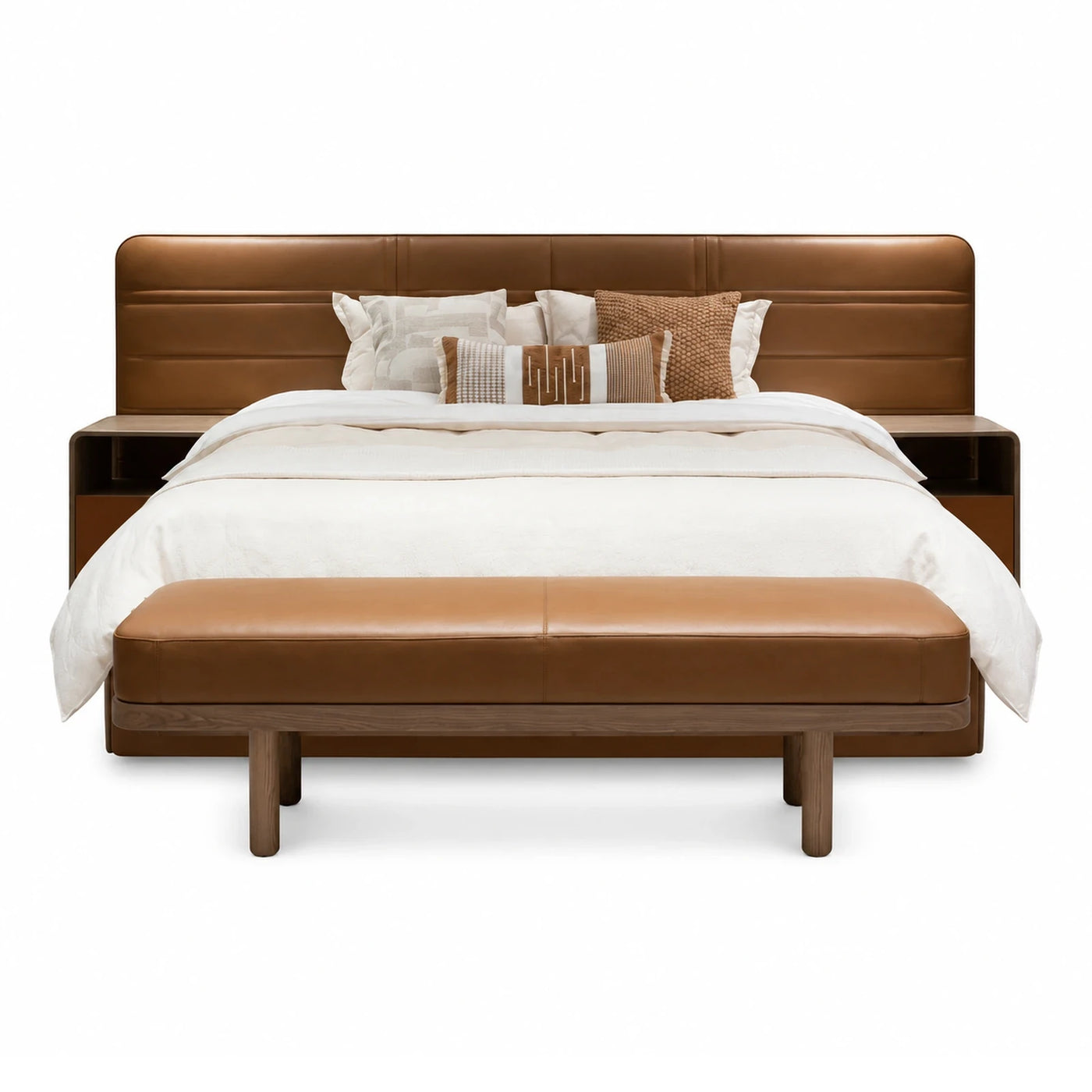 Brown Leather Upholstered Bed with Integrated Nightstands