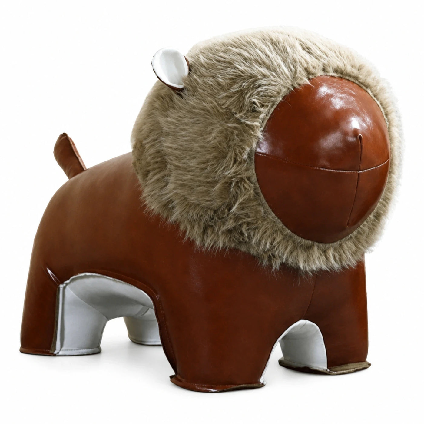 Brown Leather Lion Stool with Faux Fur Mane