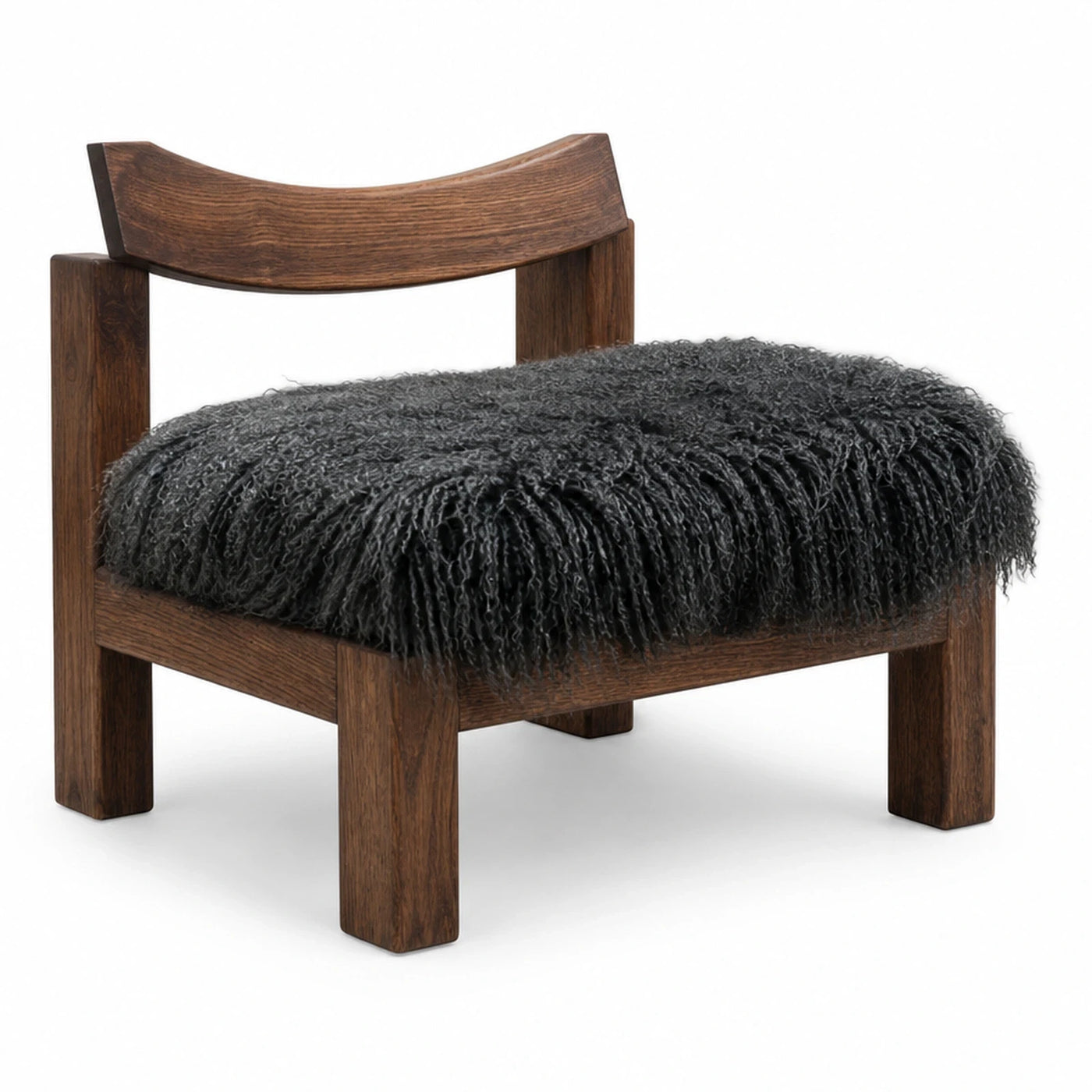Dark Wood Lounge Chair with Black Faux Fur Seat