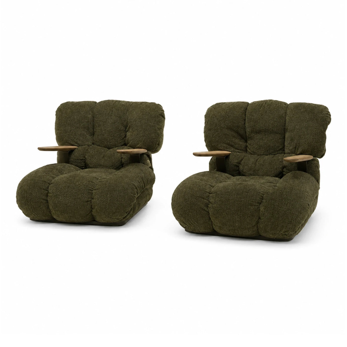 Green Boucle Lounge Chairs with Wooden Armrests