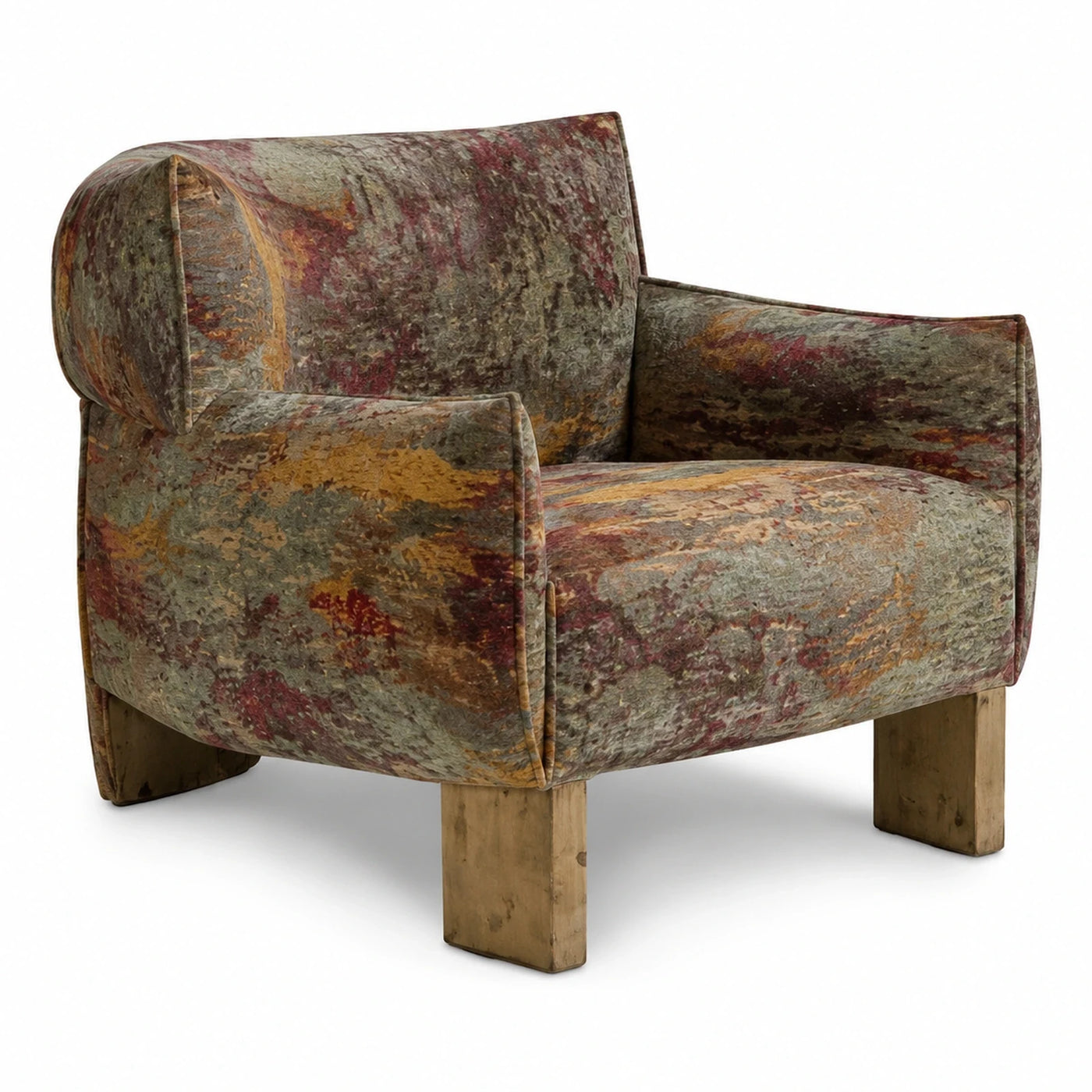 Multicolor Abstract Velvet Armchair with Wooden Legs