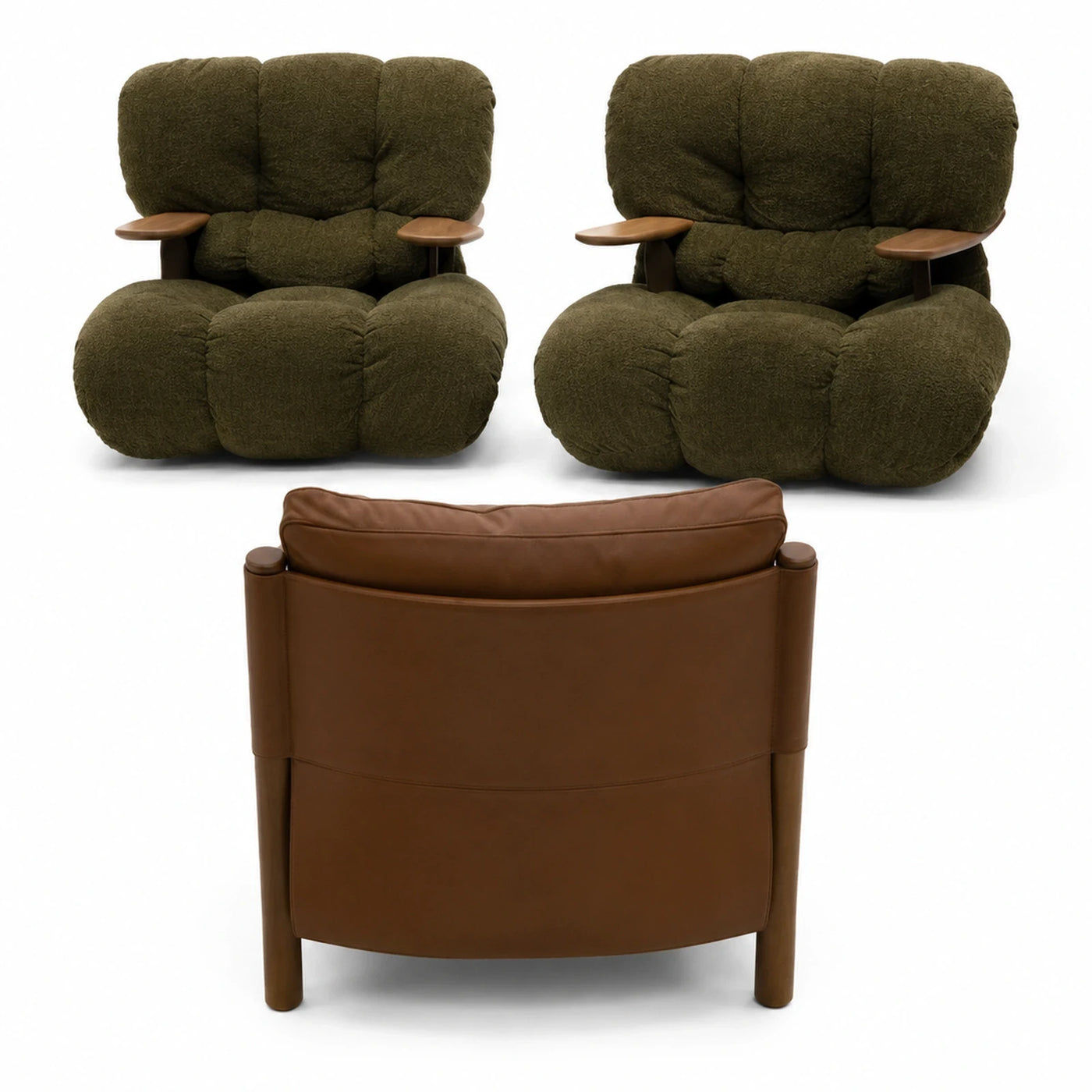 Green Boucle Armchair with Wooden Armrests