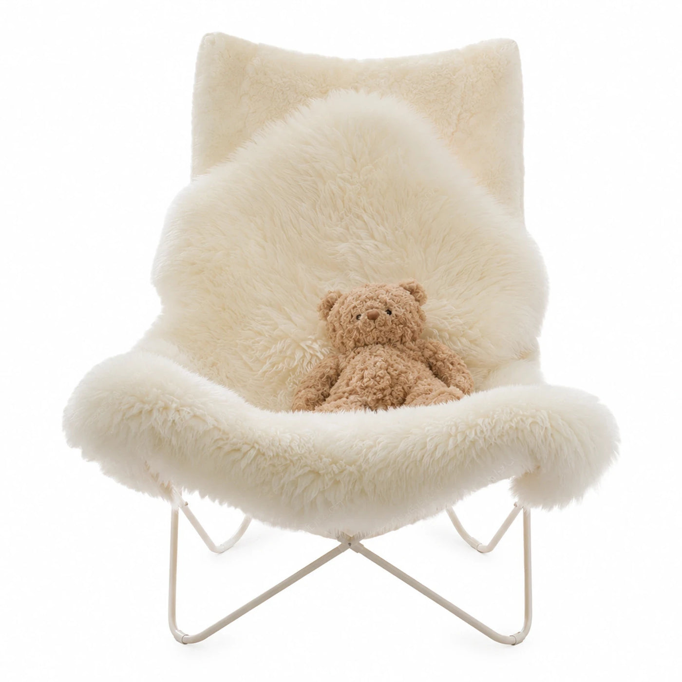 Cream Faux Fur Butterfly Lounge Chair with Metal Frame