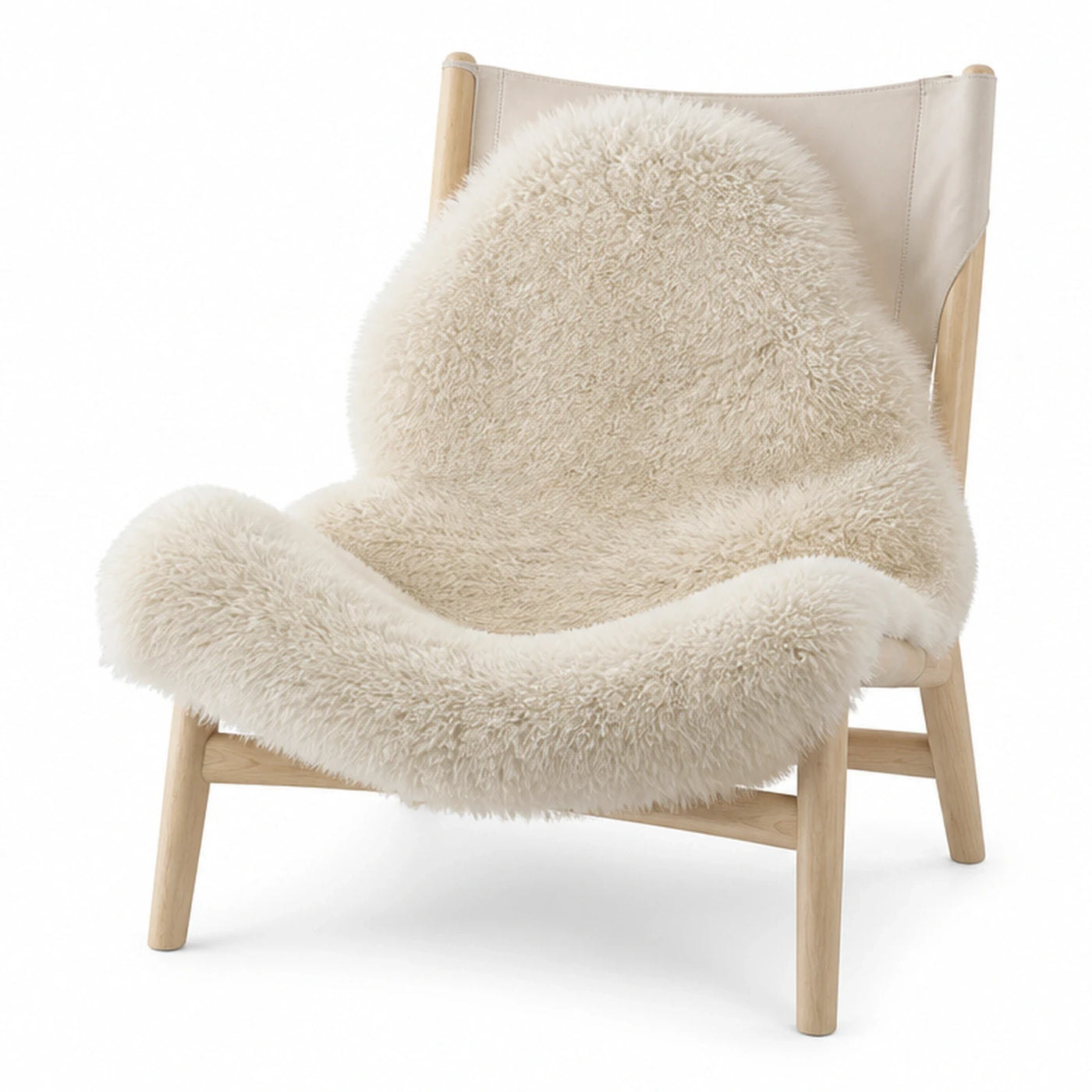 Cream Sheepskin Lounge Chair with Light Wood Frame