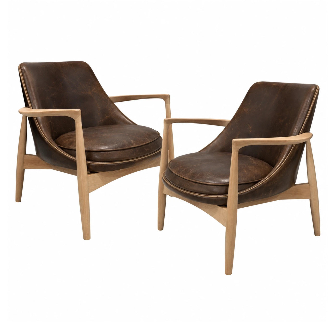 Linear Brown Leather Lounge Chairs with Wooden Frame