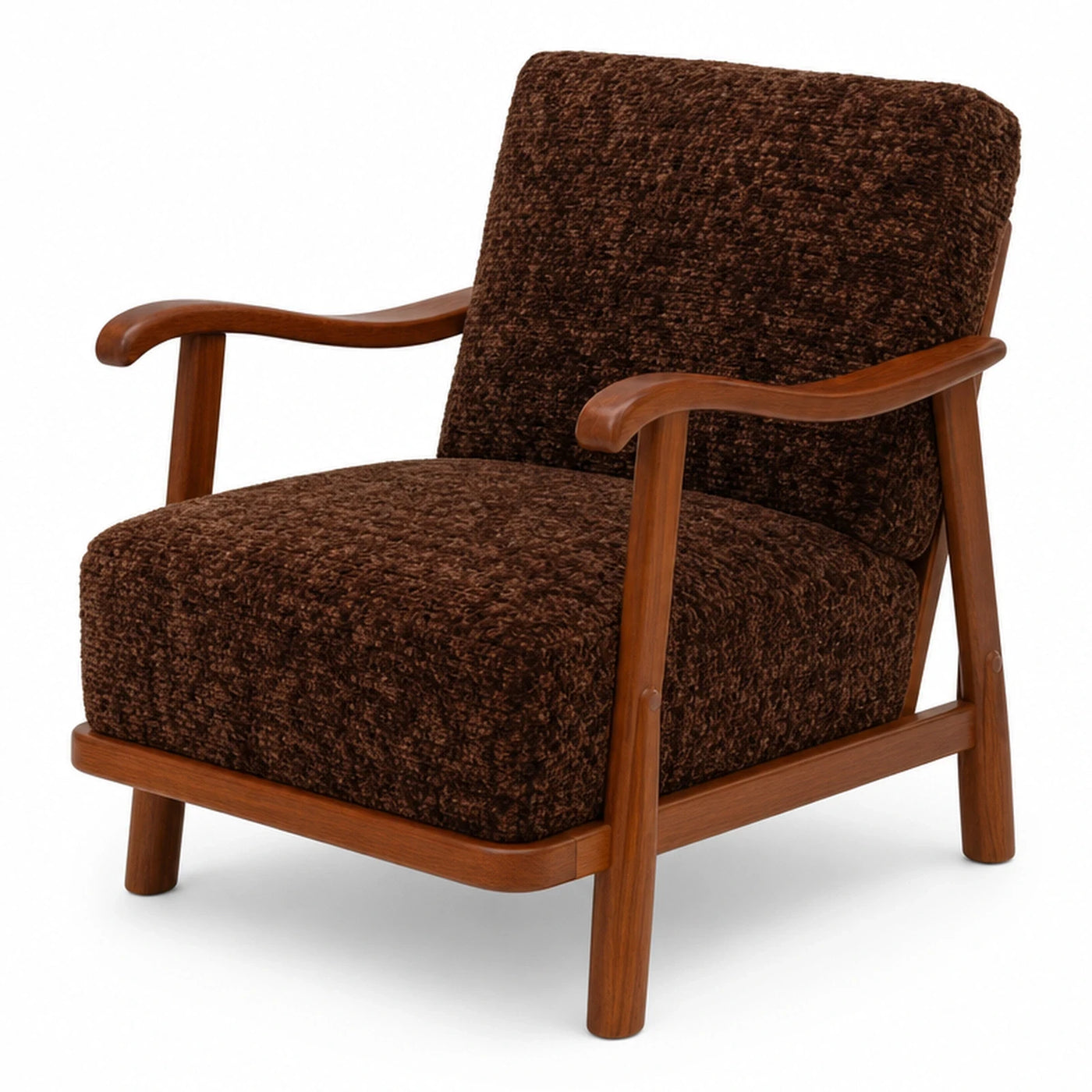 Brown Boucle Fabric Armchair with Wooden Frame