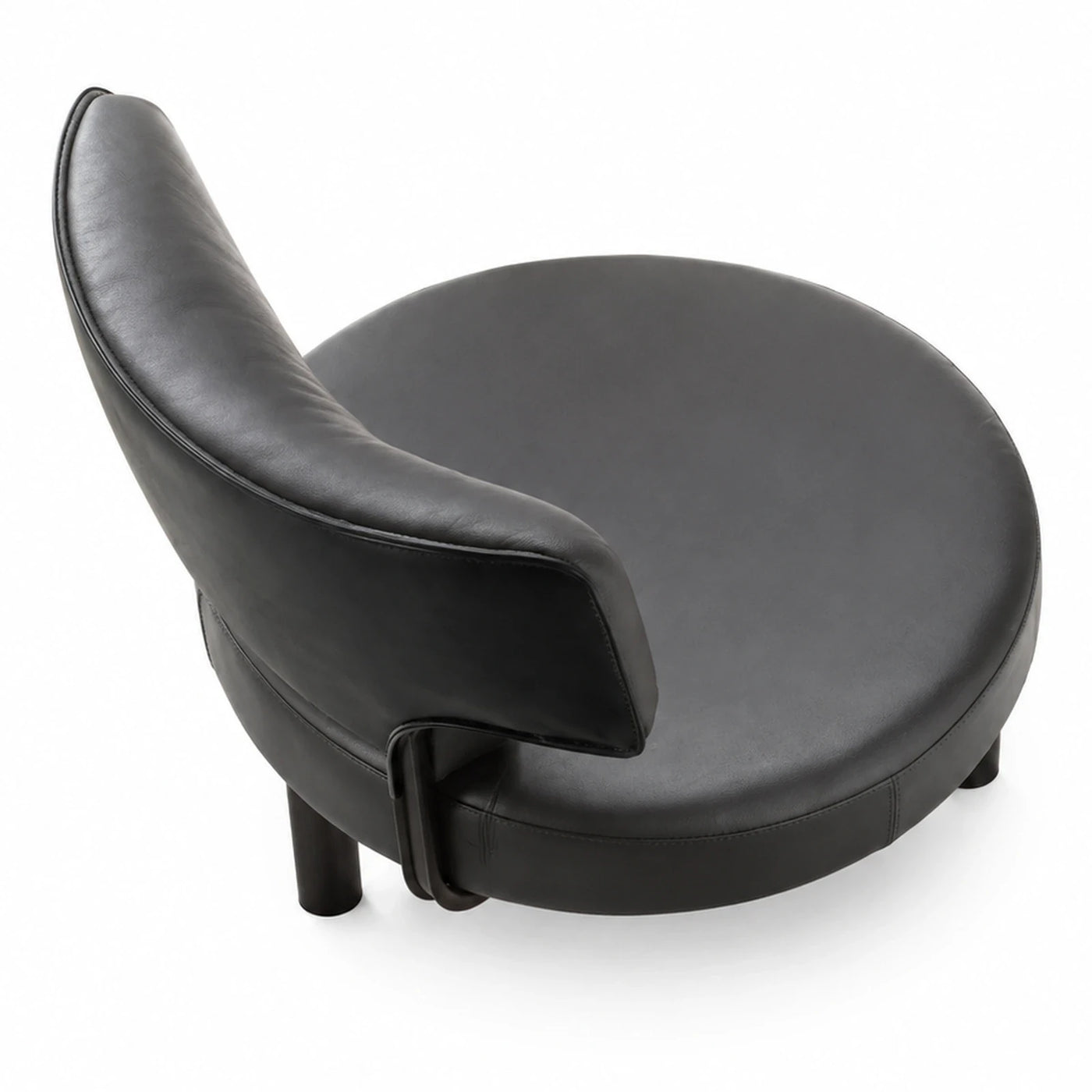 Black Leather Round Lounge Chair with Curved Backrest