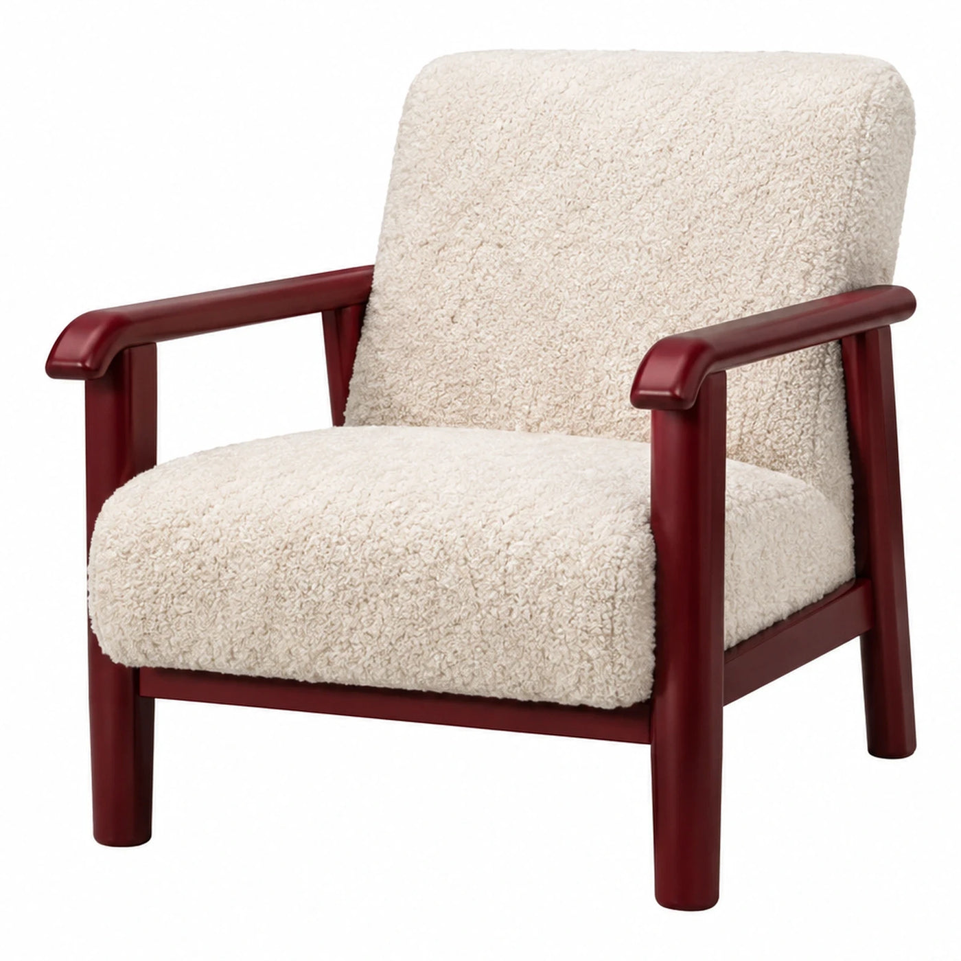 Cream Boucle Armchair with Reddish-Brown Wood Frame