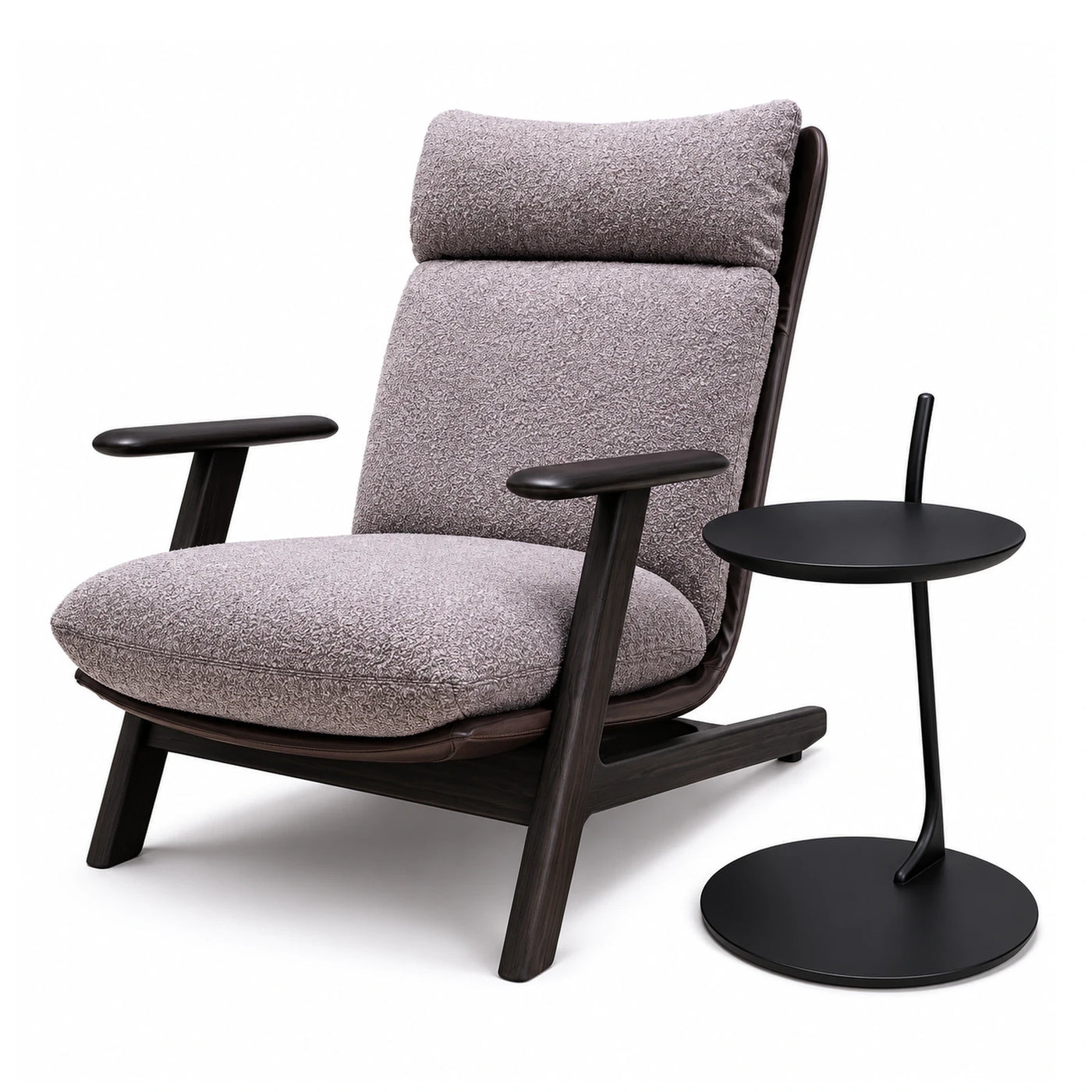 Grey Boucle Lounge Chair with Dark Wood Frame and Side Table