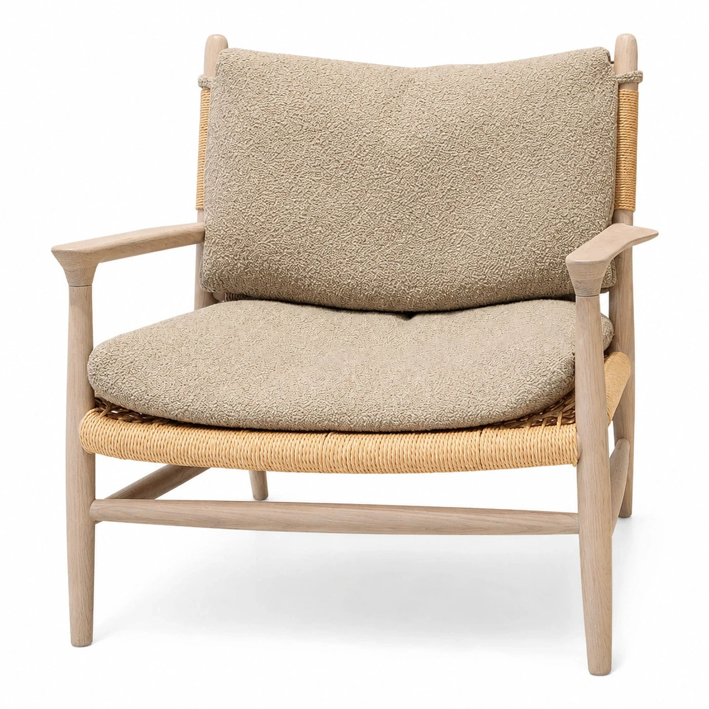 Light Wood Frame Boucle Lounge Chair with Woven Base