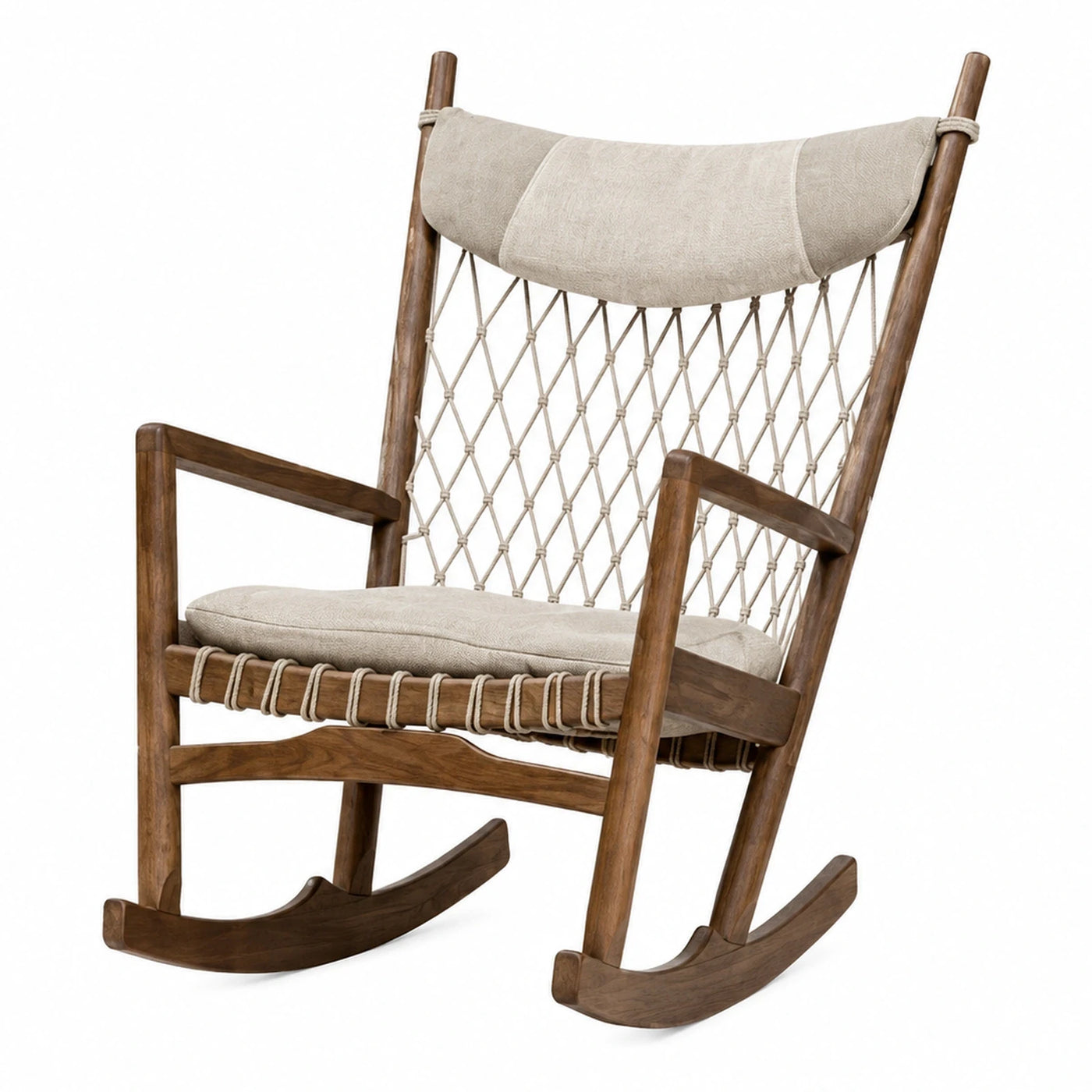Walnut Wood Rocking Chair with Rope Weave Back