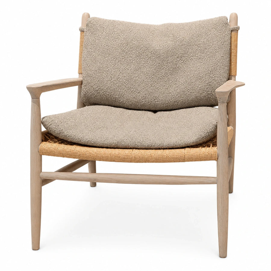 Light Wood Frame Rattan Armchair with Beige Cushions