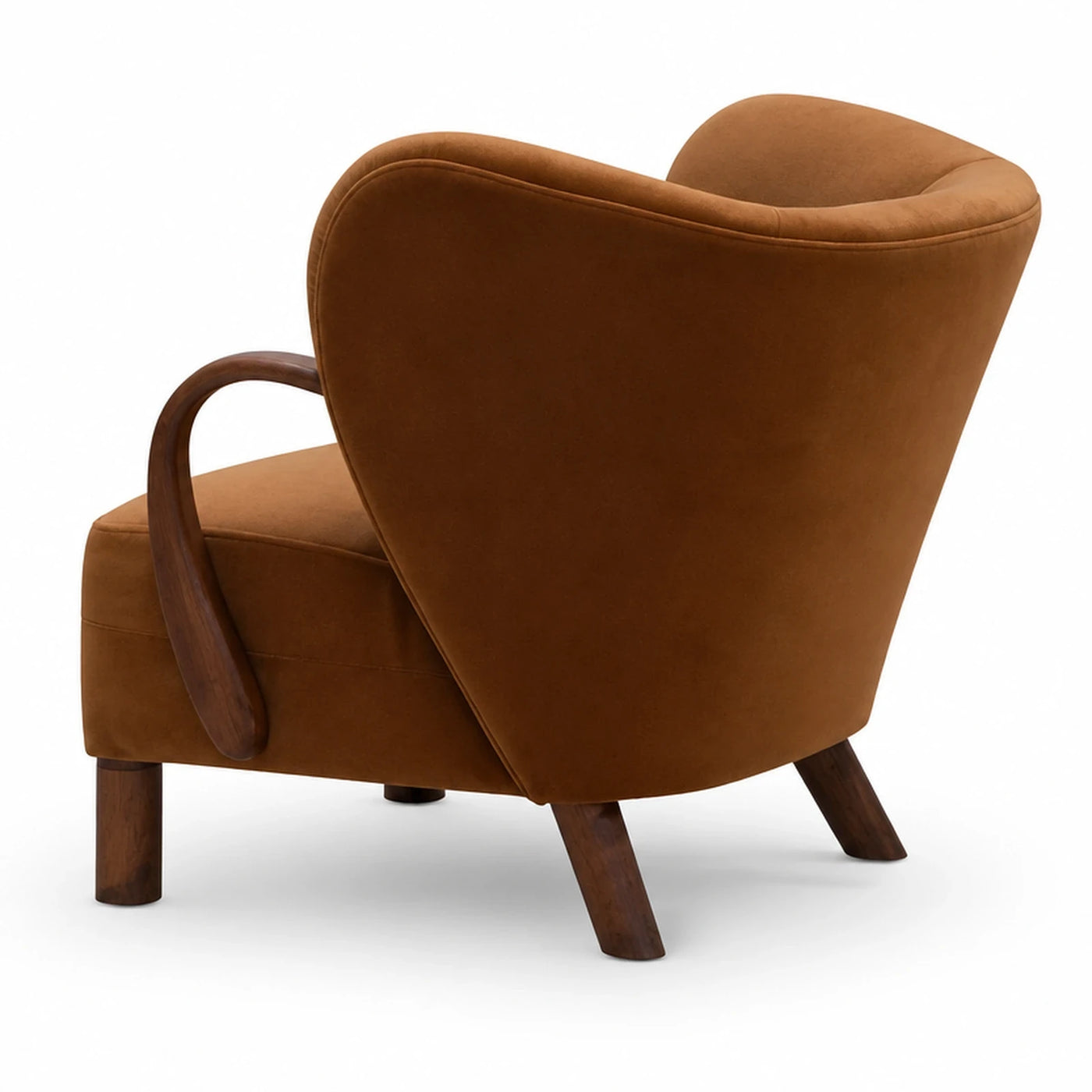 Brown Velvet Armchair with Curved Wooden Armrest