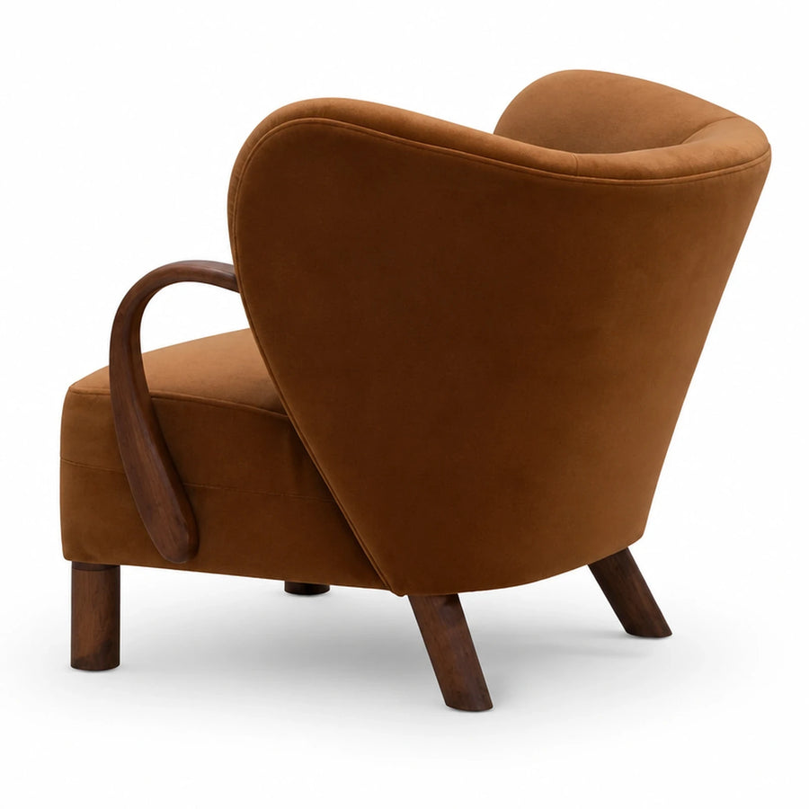 Brown Velvet Armchair with Curved Wooden Armrest